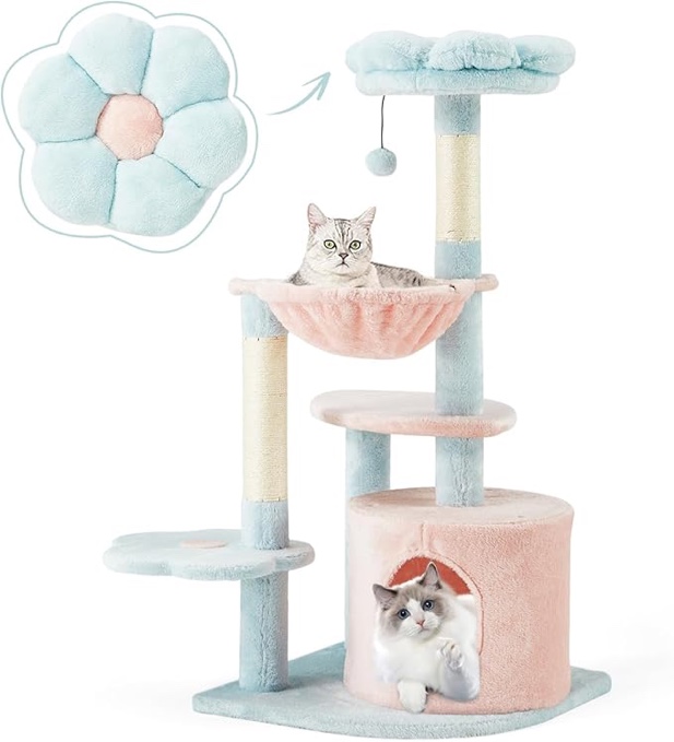 Erinnyees Flower Cat Tower 40 Inches Cute Cat Tree, Kitty Tree Tower with Scratching Post, Cozy Condo, Hammock, Dangling Ball, Top Perch for Kittens, Multi-Level Modern Pet Indoor Activity Center