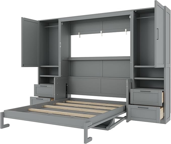 (Incomplete,box 4 of 4)Merax Queen Size Murphy Bed with Desk, Space-Saving Wall Bed Frame with Closet, Drawers and Shelves, Foldable Platform Bed for Small Spaces Studio Study Office Guest Room, Gray