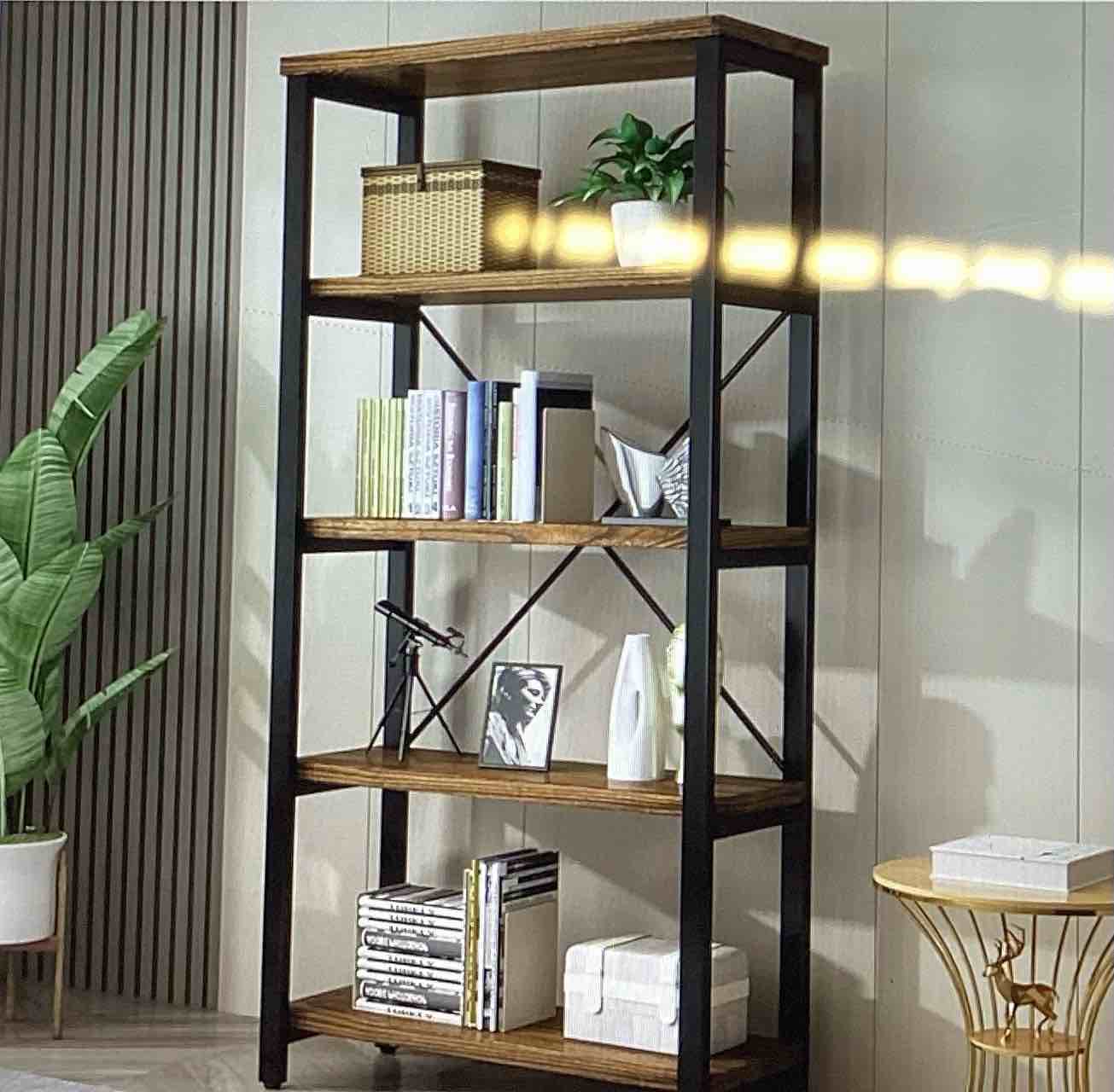 ( incomplete)  5 Tier Solid Wood Industrial Shelving, Metal Frame Open Shelving, Vintage Industrial Style Shelving, Metal and Wood Shelving Furniture (AY01-5tier)