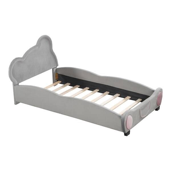 (Incomplete,box 2 of 2)Modern Design Velvet Platform Bed with Bear-Shaped Headboard, with Bed-End Storage Pocket, Queen  Size, Grey