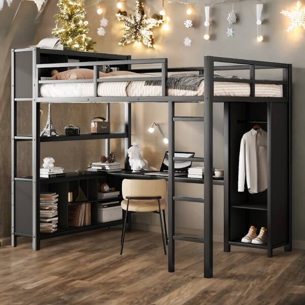 Metal Loft Bed with Wardrobe and L-Shaped Desk, Full Size Loft Bed with Storage Cubes and Shelves, Heavy Duty Loft Beds for Teens Adults, Assembly Needed (Black+Wardrobe+Desk+Storage, Full)