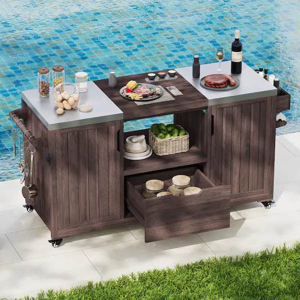 Farmhouse Brown Stainless Steel 66.5 in. Kitchen Island Outdoor Grill Cart Compatible with Big Green Egg Grills