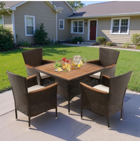 similar products,incomplete,different color, Wisteria Lane Patio Outdoor Table and Chairs Set, Rattan Outdoor Patio Furniture Set with Removable Cushions, Outdoor Patio Dining Sets with Acacia Wood Tabletop for Deck Garden Backyard, Brown