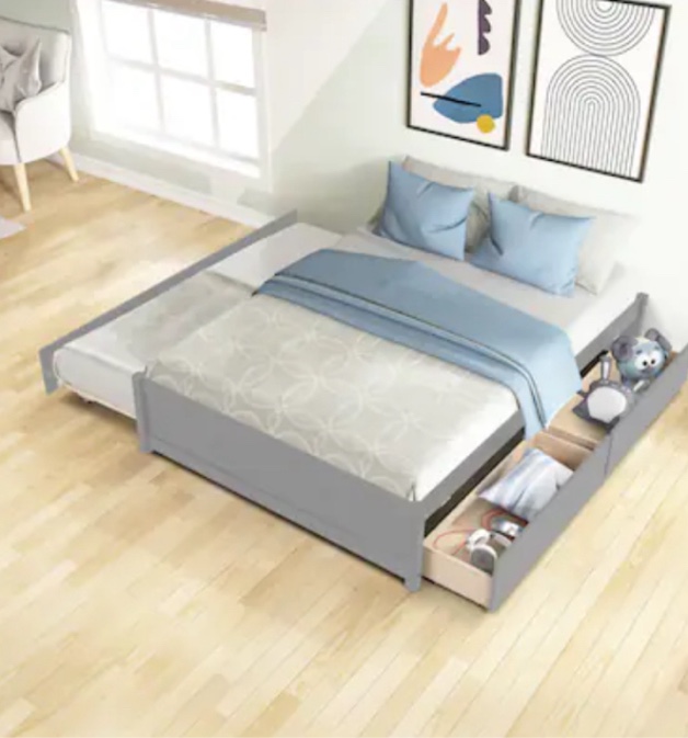 Grey Full Size Bed with Trundle and Two Drawers - Modern Design, Space-Saving, Solid Wood Frame( incomplete)