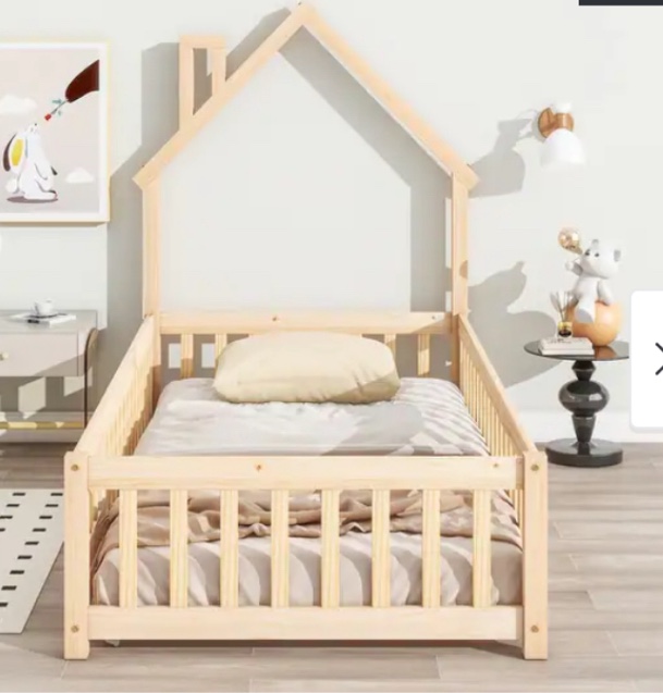 Twin Size Montessori Floor Bed with Fence and Door, House-Shaped Headboard Floor Bed, Wooden Twin Kids Bed Frame for Boys Girls