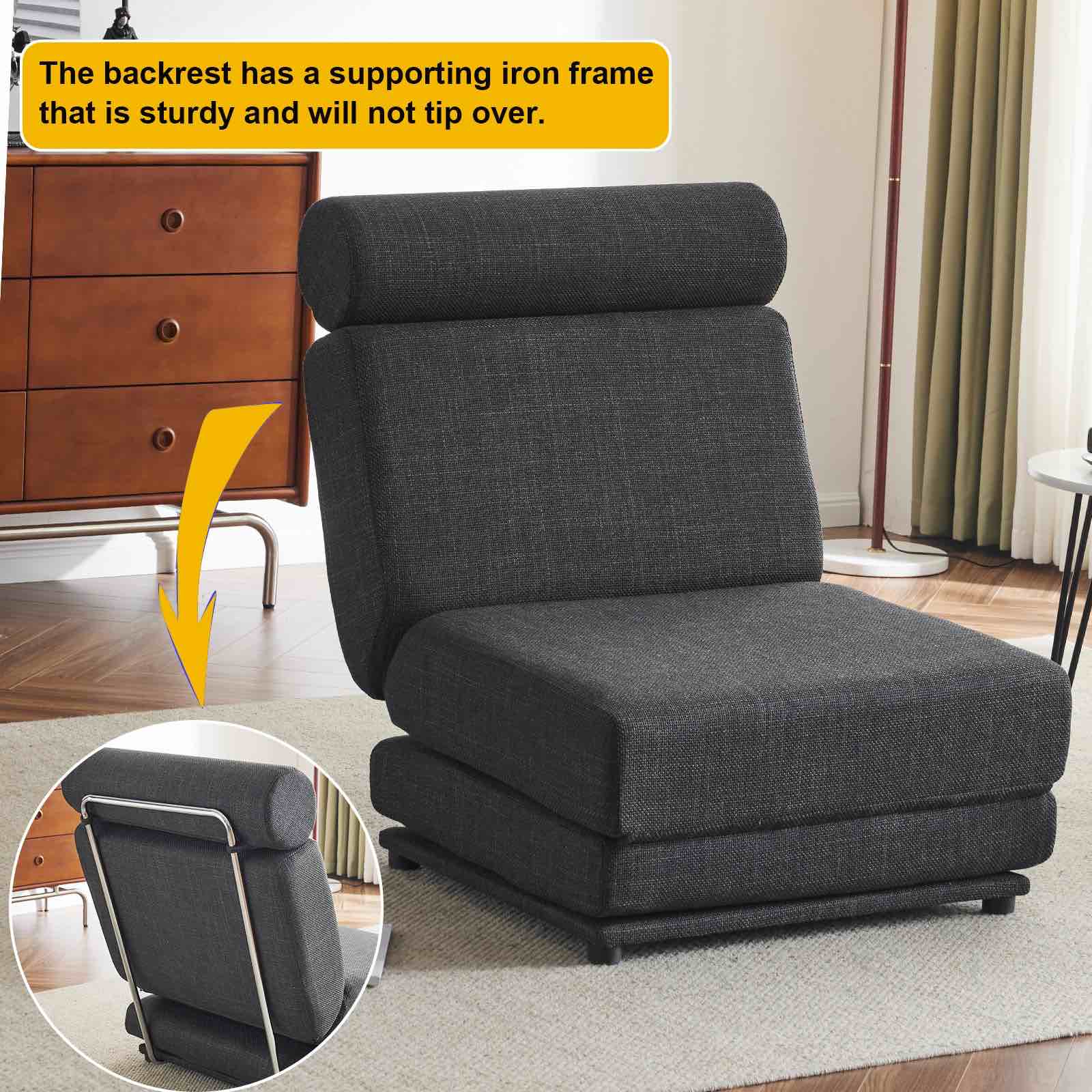 Single Sofa Chair Foldable Single Sofa Bed With Pillow,Portable Foldable Sofa Bed,Leisure Sofa Chair,Easy To Store,Made Ofand Wearable Linen,Dark Grey Dark Gray Modern Foam Linen( incomplete)