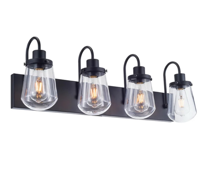 Indoor Modern Bedroom Wall Lamp In Matte Black, Iron Clear Glass Shade,4 Lights E26 Bulb Bathroom Vanity Light Matte Black Modern Glass,Iron