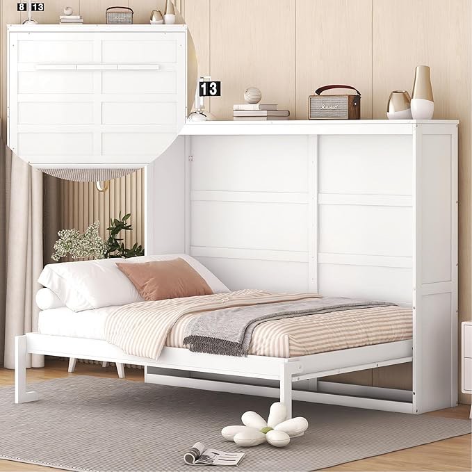 Merax Modern Farmhouse Solid Wood Murphy Bed Chest/Space Saving/Wood Slat Support/Full,White (2 boxes to pick up)
