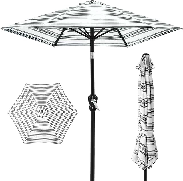 Best Choice Products  Outdoor Steel Polyester Market Patio Umbrella w/Crank, Easy Push Button, Tilt, Table Compatible - Striped Black