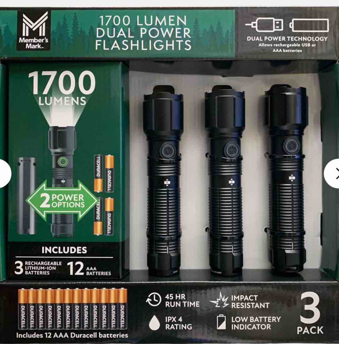 member's mark 1700 lumen dual-powered, impact-resistant flashlight 3-pack