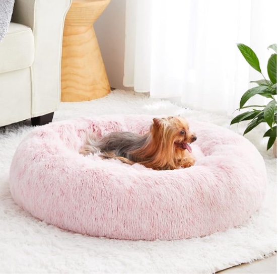WNPETHOME - Soothing bed for dogs and cats, anti-anxiety, synthetic leather, donut-shaped, round plush ( light pink)