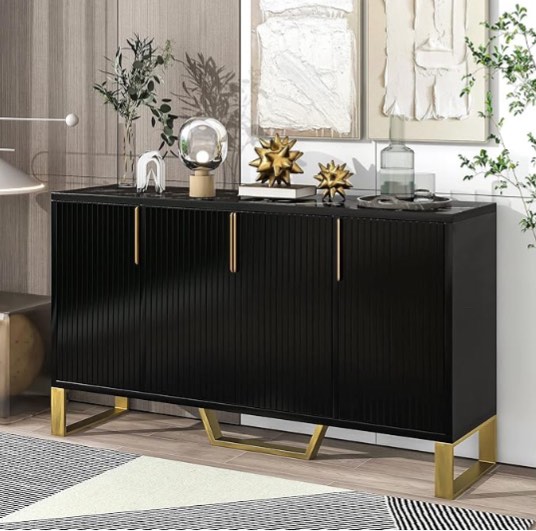 Merax Wide Modern Sideboard with Four Doors, Metal Handles & Legs, and Adjustable Shelves, Multifunctional Kitchen Cabinet Buffets & Sideboards for Living Room,Matte Black