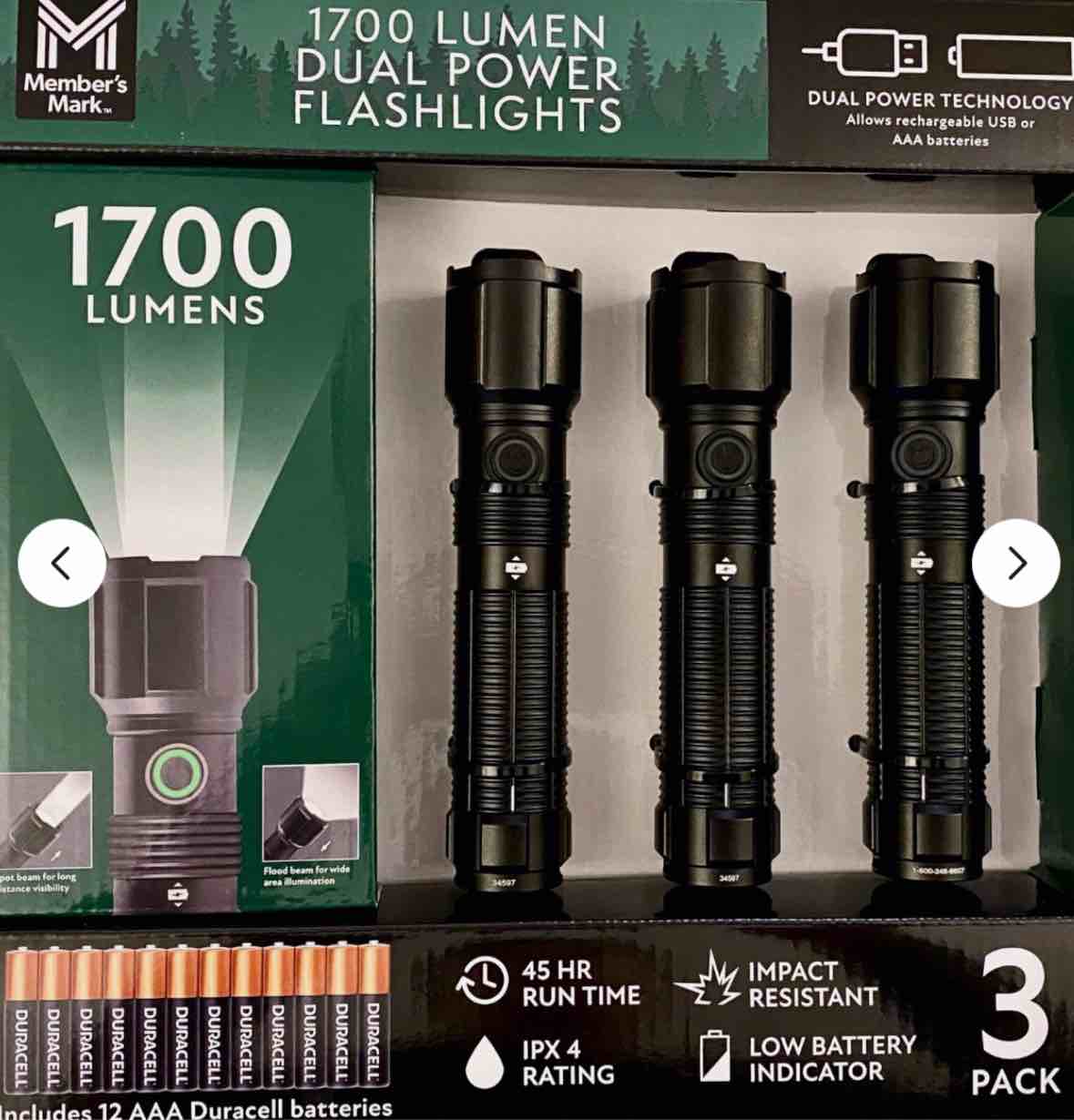 Member’s Mark 3PC 1700 Lumen Dual Power LED Flashlight Set - Rechargeable & AAA