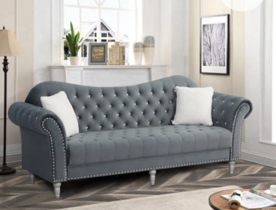Josielyn Velvet Rolled Arm Chesterfield Sofa color Dark Grey (A box to pick up)