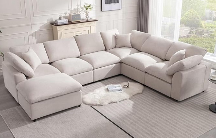 Large modular sofa, large 7-seater corner sofa, modern U-shaped modular sofa with cloud ottoman sofas for living ›room, office, large space( complete, 5 boxes to pick up and one more piece (6))