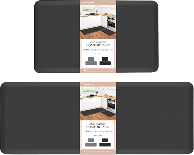 HappyTrends 2 PCS Kitchen Mat Cushioned Anti-Fatigue Floor Mat, Heavy Duty Ergonomic Comfort Foam Standing Mat, Waterproof Non-Slip Kitchen Rugs for Home, Office(17.3"x28"+17.3"x47",Black)