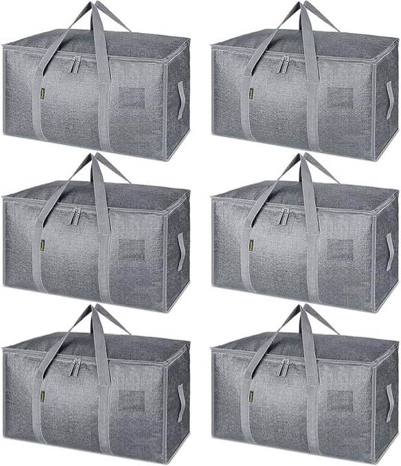 baleine 6-pack oversized moving bags with reinforced handles, heavy-duty storage tote for clothes, moving supplies (feather print, 6-pack)