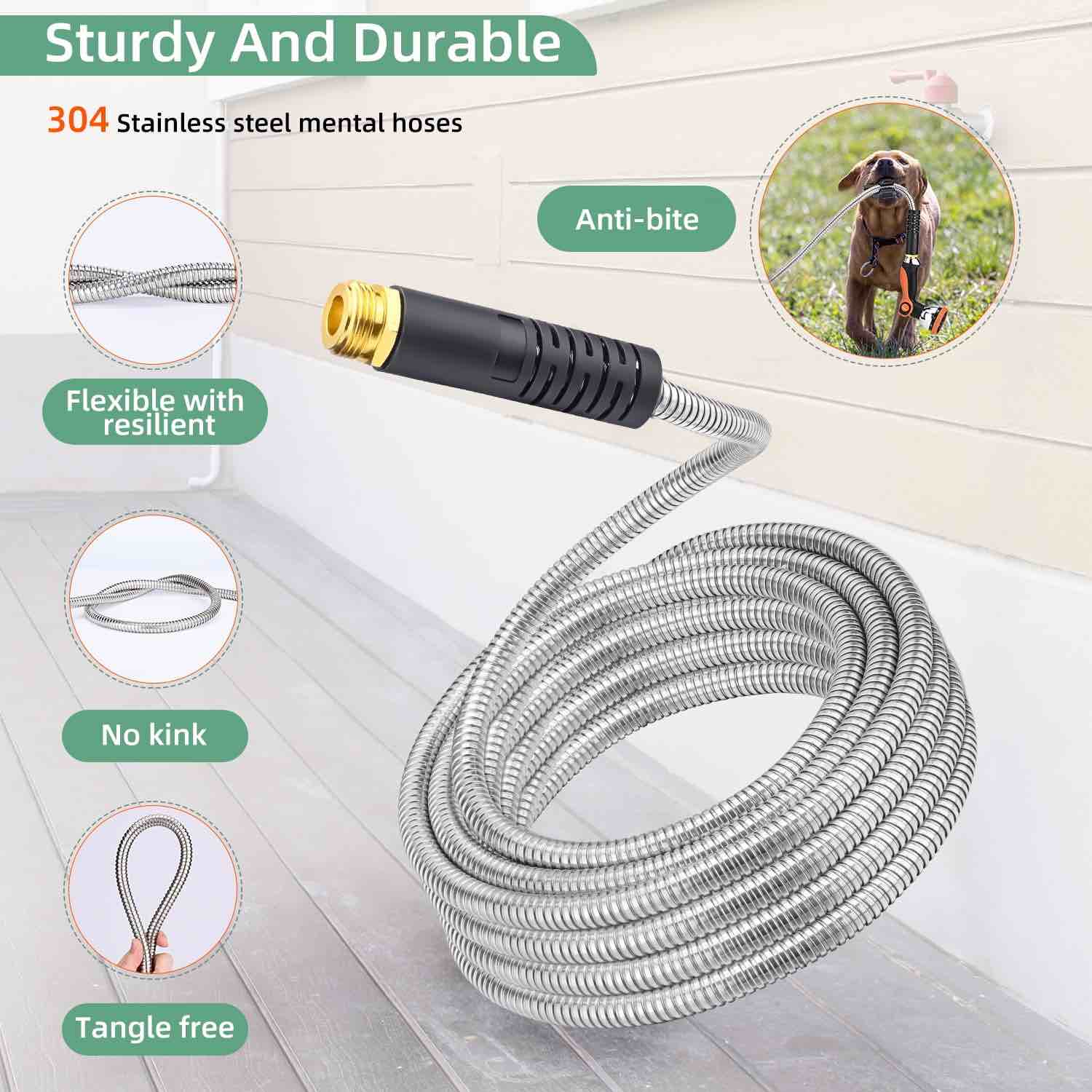 metal garden hose 100ft, heavy duty water hose with 10 function nozzle, no-tangle & no-kink, tough & flexible, durable and lightweight, rust proof for yard, outdoor, rv