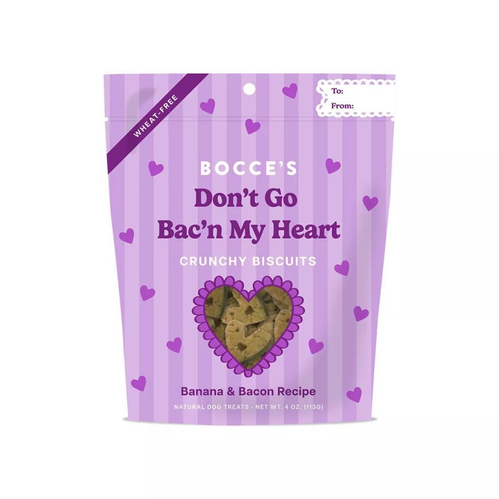 bocce’s bakery don’t go bac’n my heart bacon and peanut butter flavor valentines dog treats pack of 2