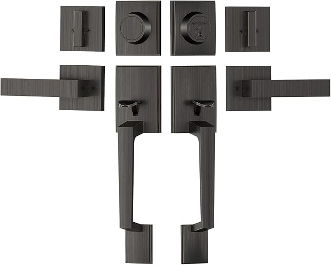ticonn double front door handle set, heavy duty square door lever and single cylinder deadbolt combo for side by side entrance exterior doors 
