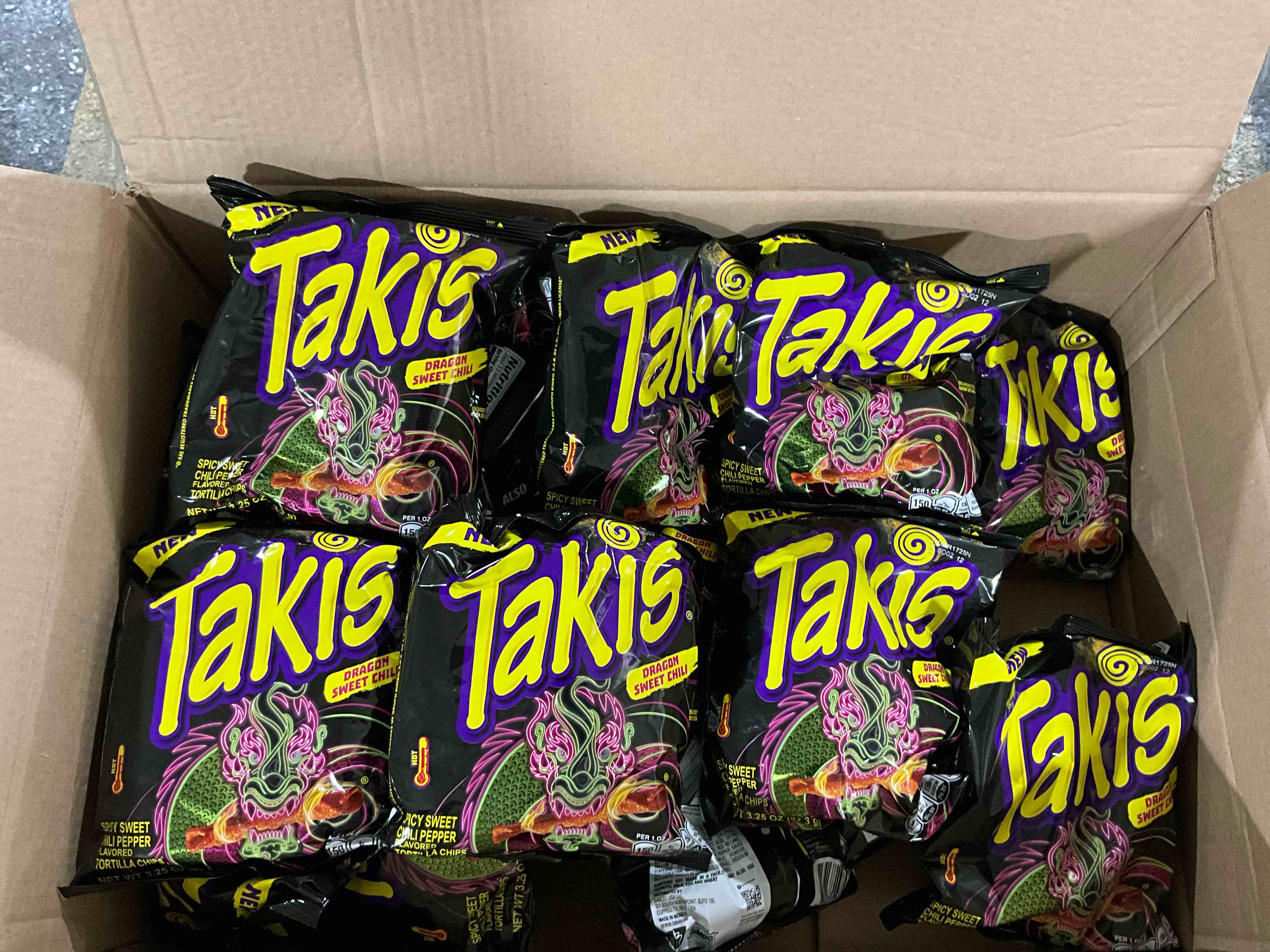 Box of 18 Takis Dragon Tortilla Chips - 3.25oz BB 03/17/25