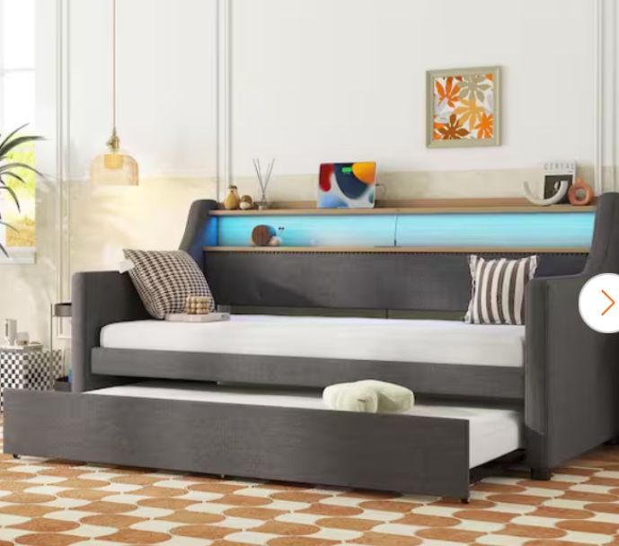 similar products,incomplete Twin Size Daybed with Trundle Upholstered Sleeping Platform with Charging Station LED Lights Storage Headboard Space Saving Bed Frame Comfortable Bedstead No Spring Mattress Required PU Leather color Gray 