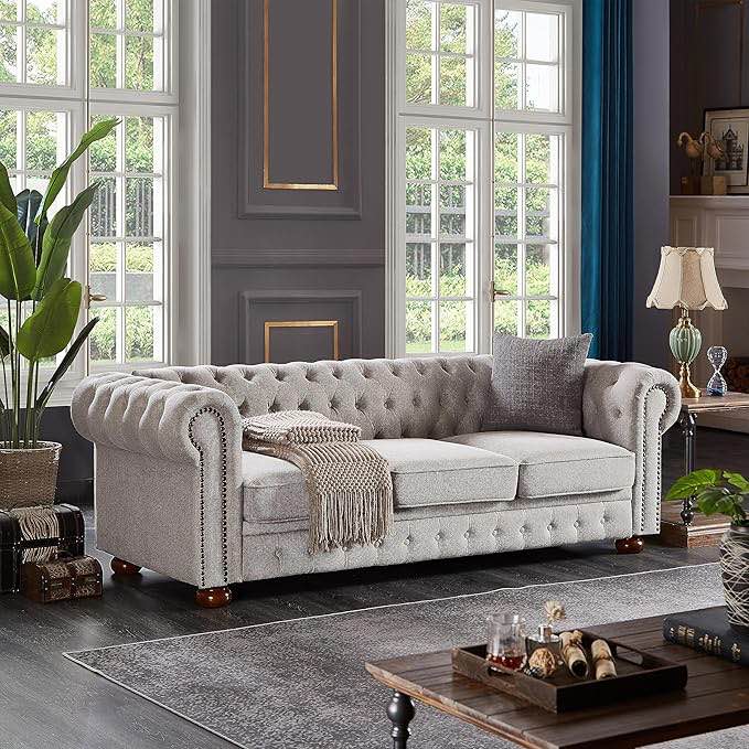 incomplete a box to pick up,Chesterfield Sofa, 89" Mid Century Modern Couch with Low Back, Roll Arm Nailhead Trim Classic 3 Seater Couch for Living Room, Office, Apartment, Linen Light Grey(box 2 of 2)