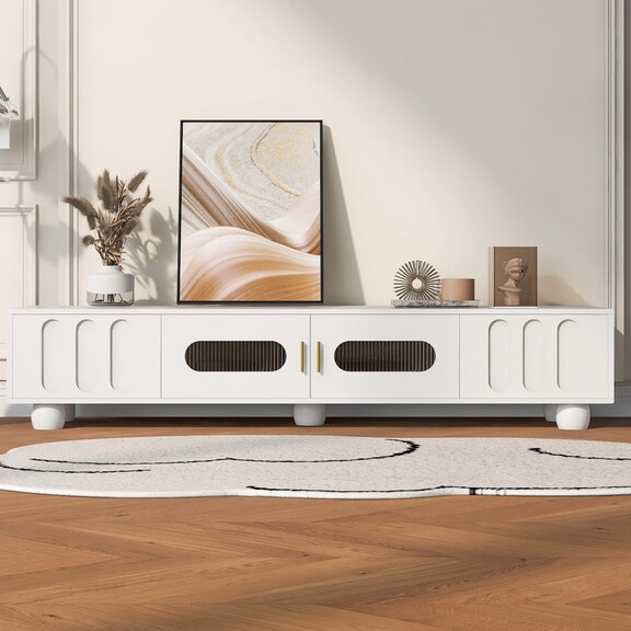U-Can Modern TV Stand for TVs up to 80 inches, Entertainment Center with Glass Door, TV Storage Cabinet with Solid Wood Legs and Metal Handles for Living room N724P261566K( incomplete)