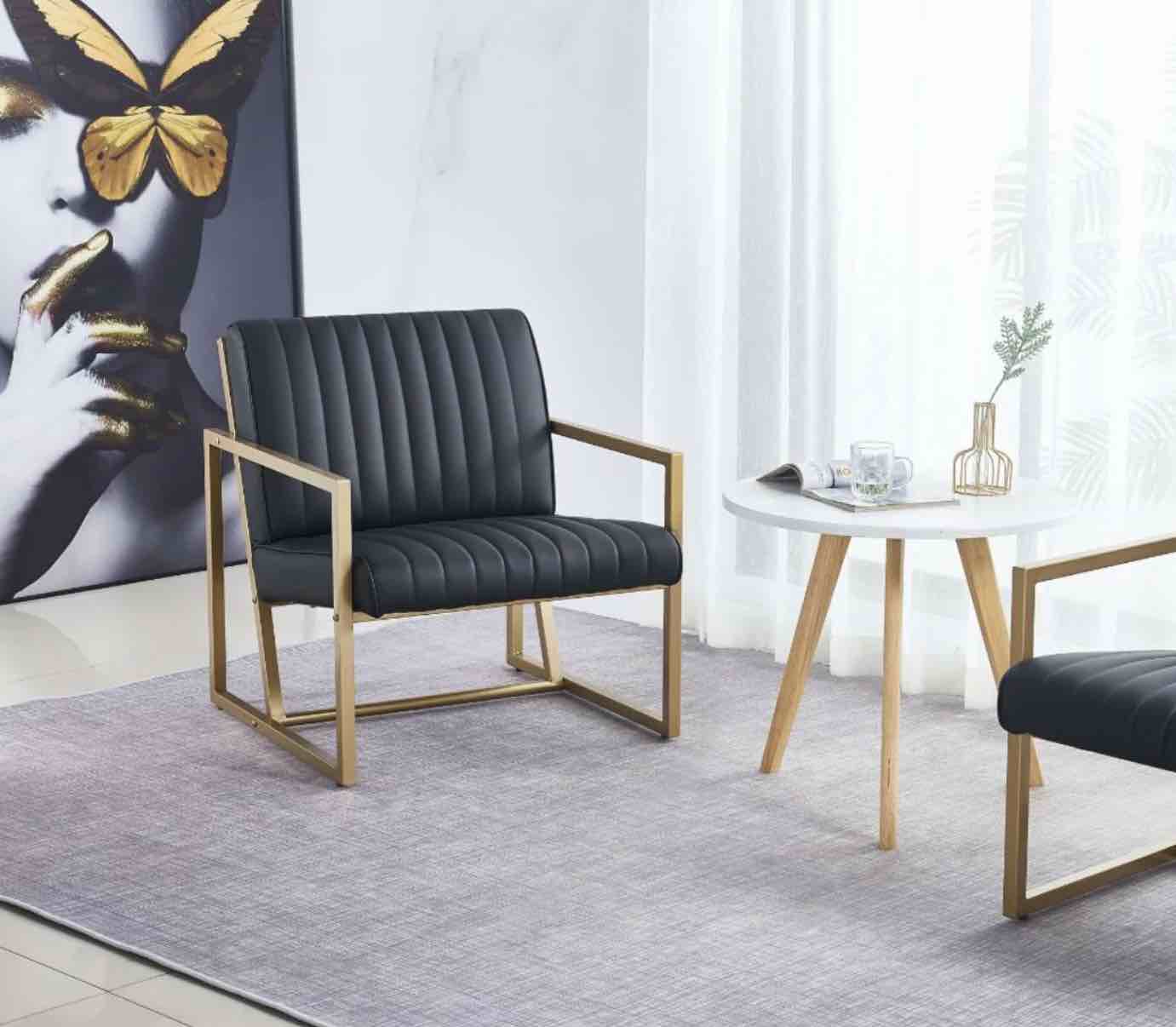 Modern Gold Steel Frame Arm Chair with Black PU Leather