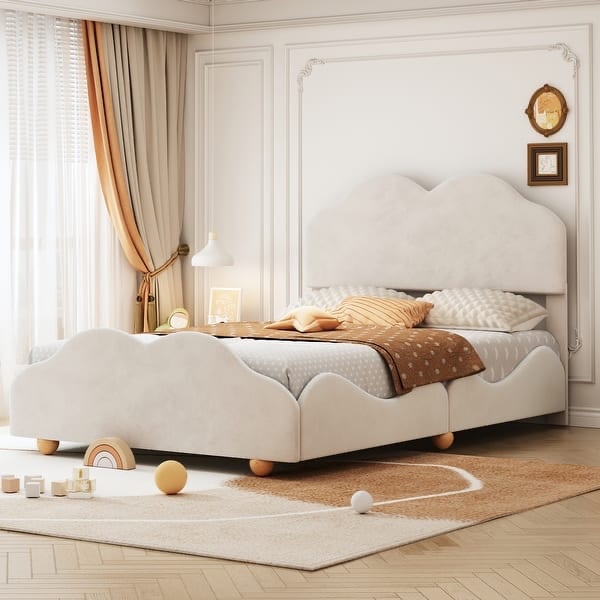 Upholstered Platform Bed with Cloud Shaped bed board ( complete) A box to pick up, Beige (size Full)