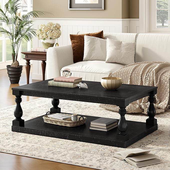 Vintage coffee table with artistic vase column legs and pine veneer, timeless black finish, study room decoration