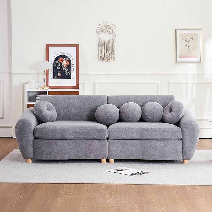 84.6-inch sectional curved sofa for living room, modern and contemporary upholstered in teat fabric with 5 decorative cushions for apartment office, gray color( complete) 4 boxes to pick up