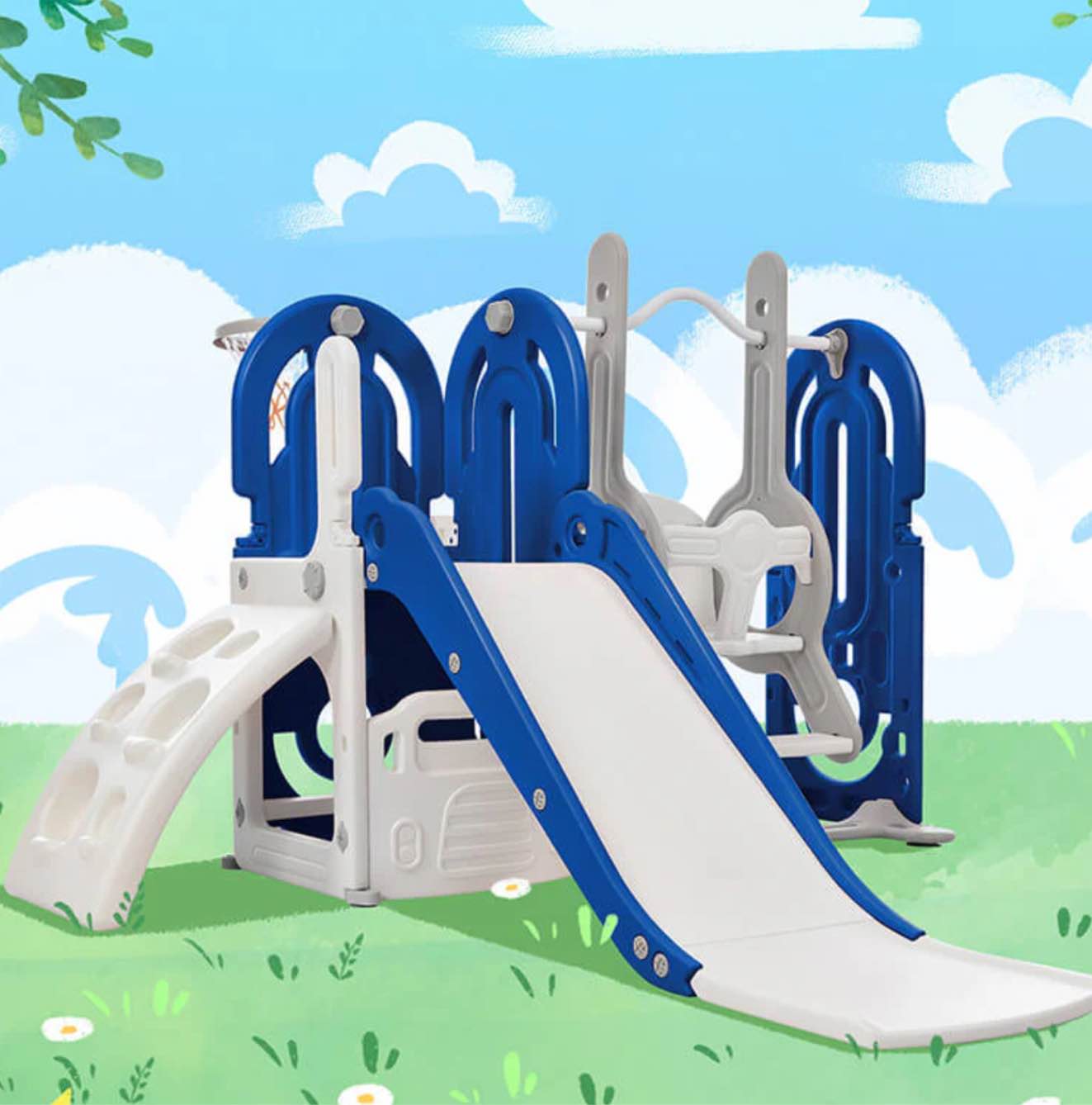 64" Blue Toddler Slide and Swing Playset with Basketball Hoop for indoor & Outdoor - 5-in-1 Set