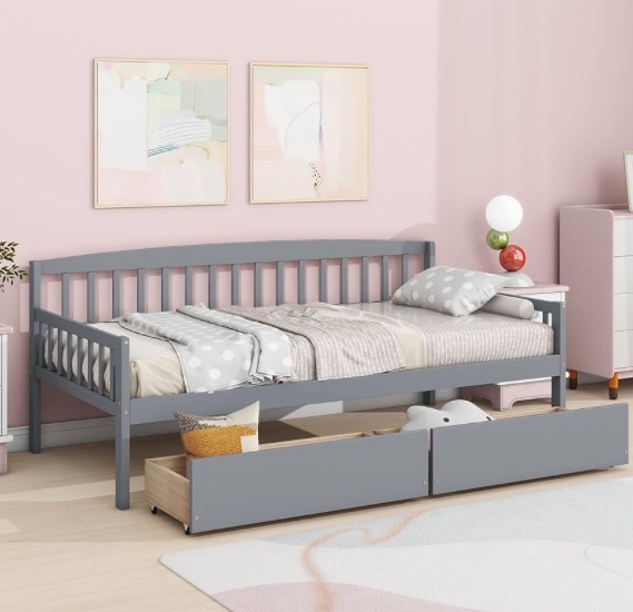 Twin-Size Pine Wood Daybed with Two Storage Drawers, Sofa Bed with Bed Platform of 10 Support Slats, Grey