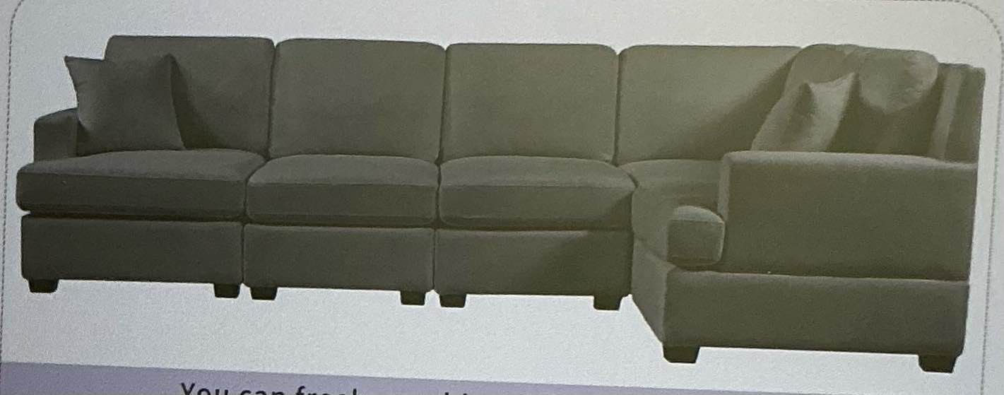 ( color white) MODULAR SECTIONAL STYLE SOFA WITH 2 TOSSING CUSHIONS (incomplete 3 boxes of 5. missing box 2 of 5. 3 of 5.).