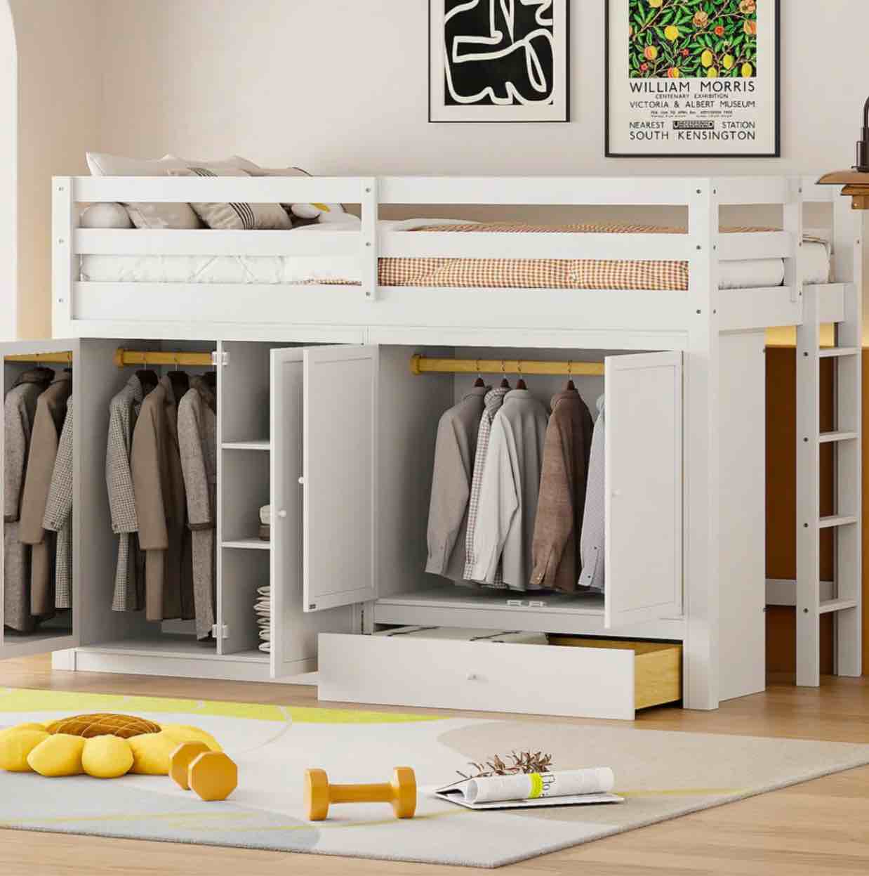 Twin size Loft Bed with Drawer, Two Wardrobes and Mirror (color Gray ) incomplete box 2 of 3 , missing box 1 of 3