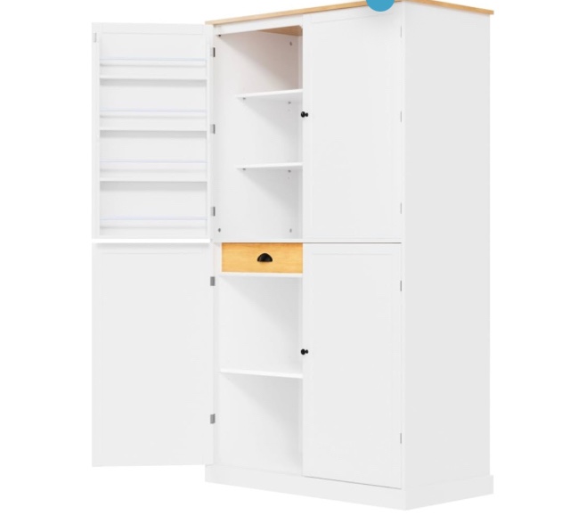 High Freestanding Kitchen Pantry Large Cupboard Storage Cabinet with 2 Drawers, 2 Adjustable Shelves, 8 Door Shelves for Kitchen, Dining Room, Farmhouse Style, MDF Construction (White/ Blanc)( incomplete,box 1 of 2 , missing box 2 of 2)