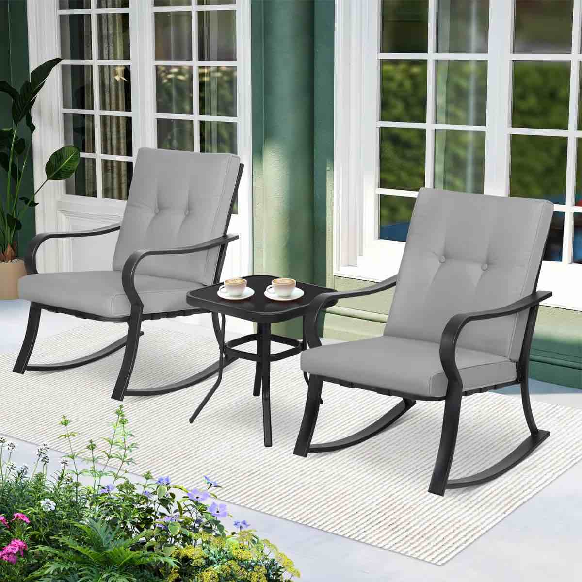 Gros Metal 3 - Person Outdoor Rocking Seating Group with Cushions, 2-Piece Outdoor Rocking Chairs Set With Glass Coffee Table