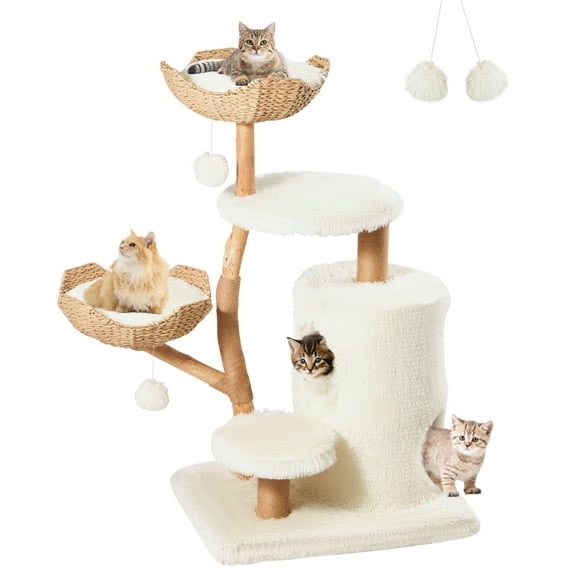 EROMMY Modern Cat Tree Tower, Real Branch Cat Furniture, with 2 Cat Condos, 2 Spacious Wicker Basket, Cushions and 2 Perches, Natural Solid Wood Scratching Post