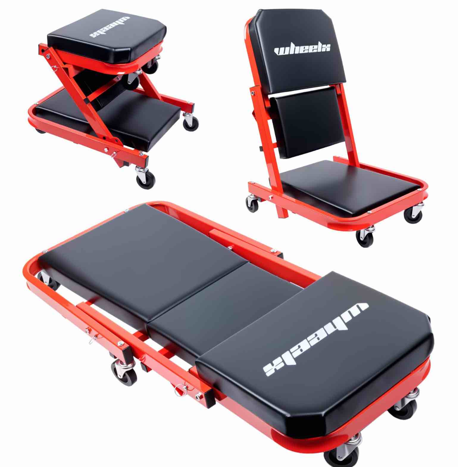 Mechanic Creeper 40inches 3-in-1 Z Seat 480lbs Capacity, Foldable Garage Chair Adjustable Rolling Folding with 6pcs Wheels Roller, Lay Down Sit Lean Back, Under Car Shop Auto Repair Man Gift