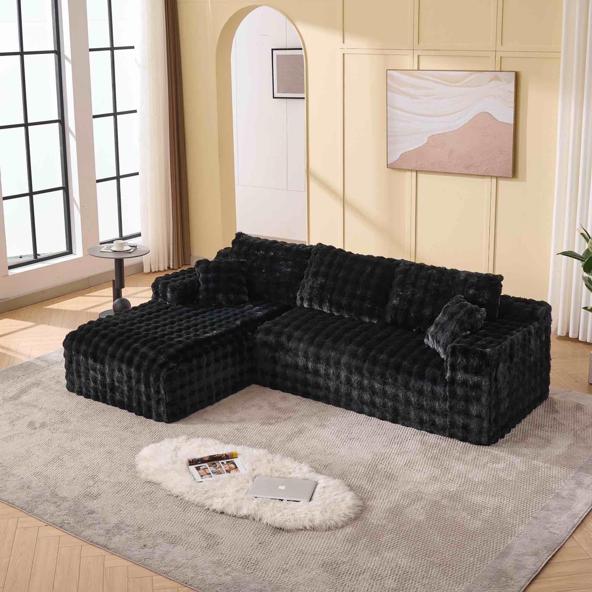 LAZZO 107’’ Left side Shaped Memory Foam Sectional Sofa, Cloud Couch with Deep Fluffy Seats & Upgraded Black Fabric, Left Facing Chaise for Living Room? Black( 1 box for pickup only ( left side only ) 
