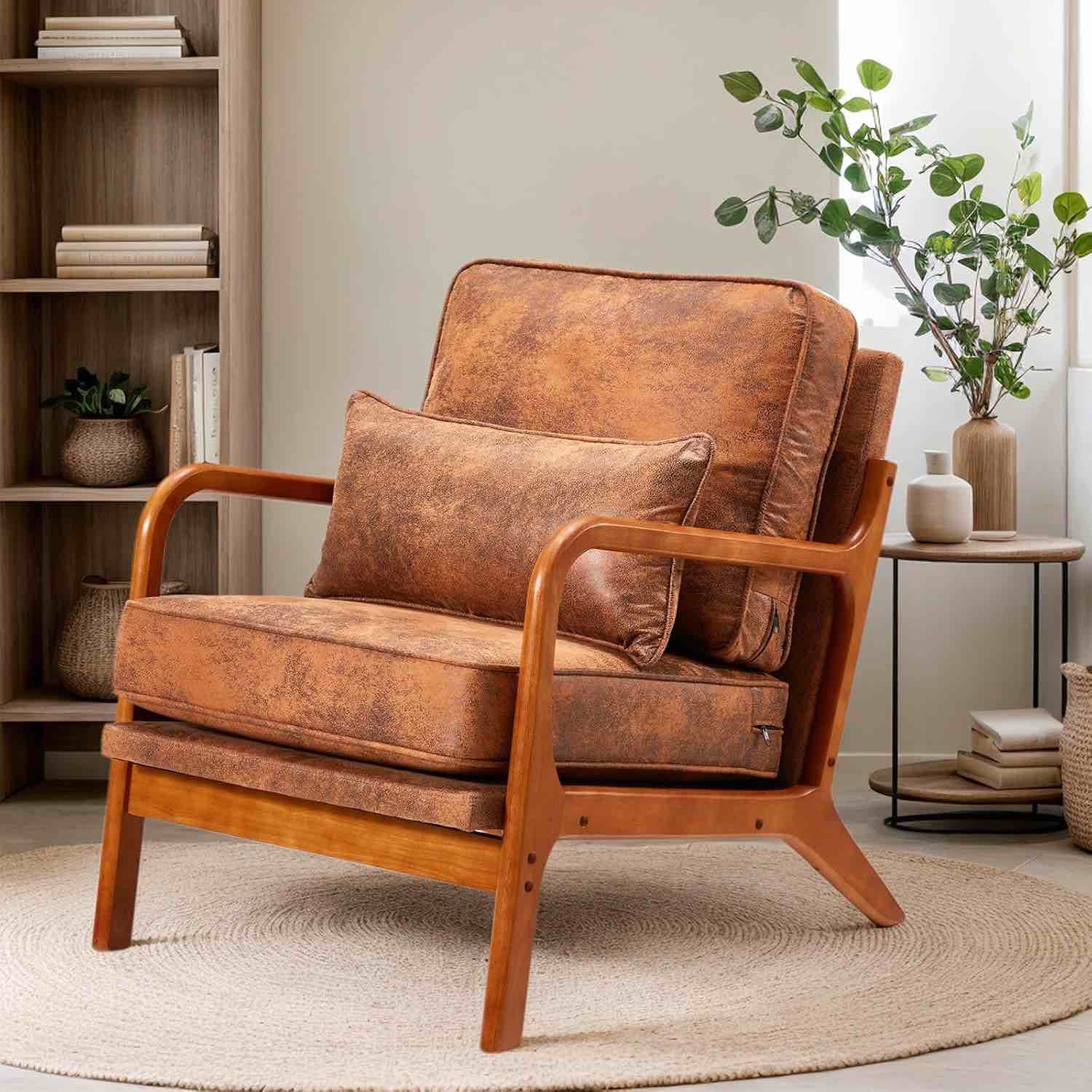 Mid-Century Modern Accent Chairs,Solid Rubber Wood Frame Living Chair, Lounge Arm Chair with Soft Waist Cushion – Ergonomic Lounge Chairs for Living Room, Bedroom, Reading,Bronzing Cloth Brown