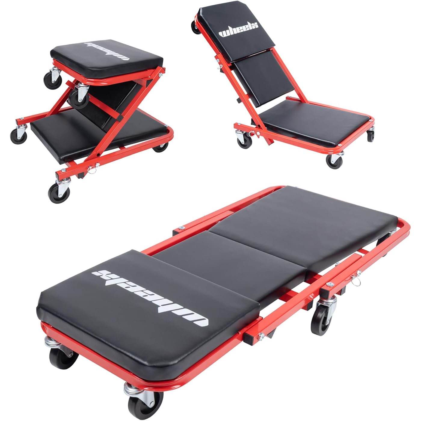 Mechanic Creeper 36inches 3-in-1 Z Seat 340lbs Capacity, Foldable Garage Chair Adjustable Rolling Folding with 6pcs Wheels Roller, Lay Down Sit Lean Back, Under Car Shop Auto Repair, Red Black