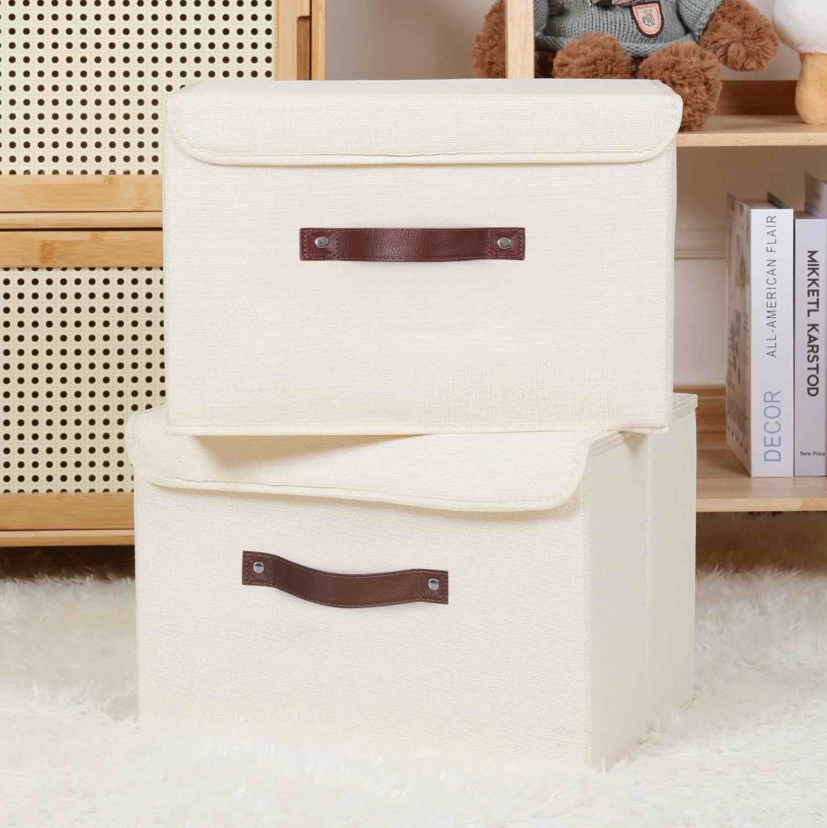 anminy storage bin with lid storage boxes with pu leather handles pp plastic board decorative foldable lidded cotton linen fabric home cubes baskets closet organizer container - beige,