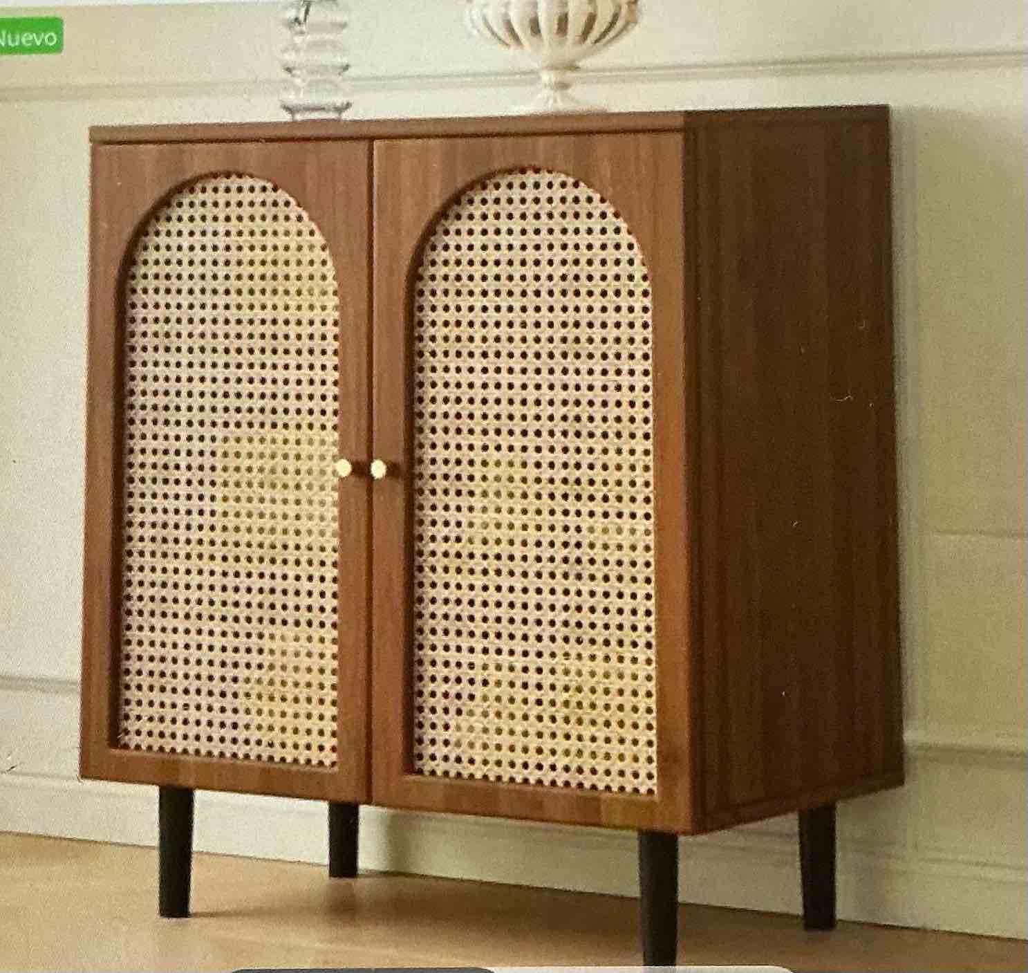 Microwave Cabinet, Freestanding with 3 Interior Shelves, 2 Doors, Wooden Countertop, Sideboard, Sideboard, Narrow Size, Walnut/Brown