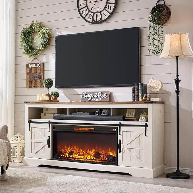 similar, tv stand with electric fireplace ( incomplete) color antique white 