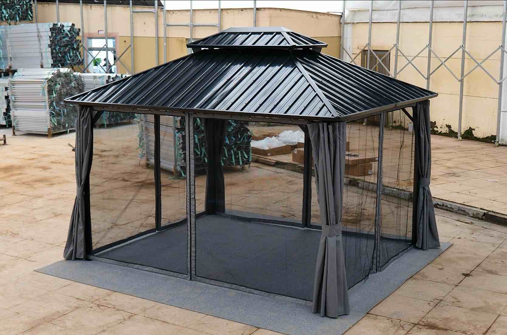 Hardtop Gazebo, Steel Double-Roof Pavilion, Black, 10x12 Ft, Weather-Resistant Metal Frame, Garden Outdoor Shelter (incomplete 1 box of 2. missing box 2 of 2).