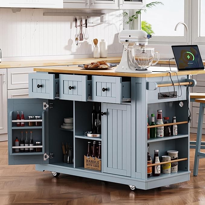 Kitchen Storage Island on Wheels with Drop Leaf & Power Outlet, Rolling Kitchen Island Cart with Open Side Racks, Door Shelves and Towel Bar, 53-Inch, Gray Blue