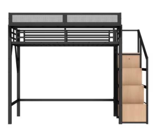 loft bed with storage stairs, shelves, and built-in wardrobe, metal bed frame with USB port and LED lights,natural wood ( incomplete)