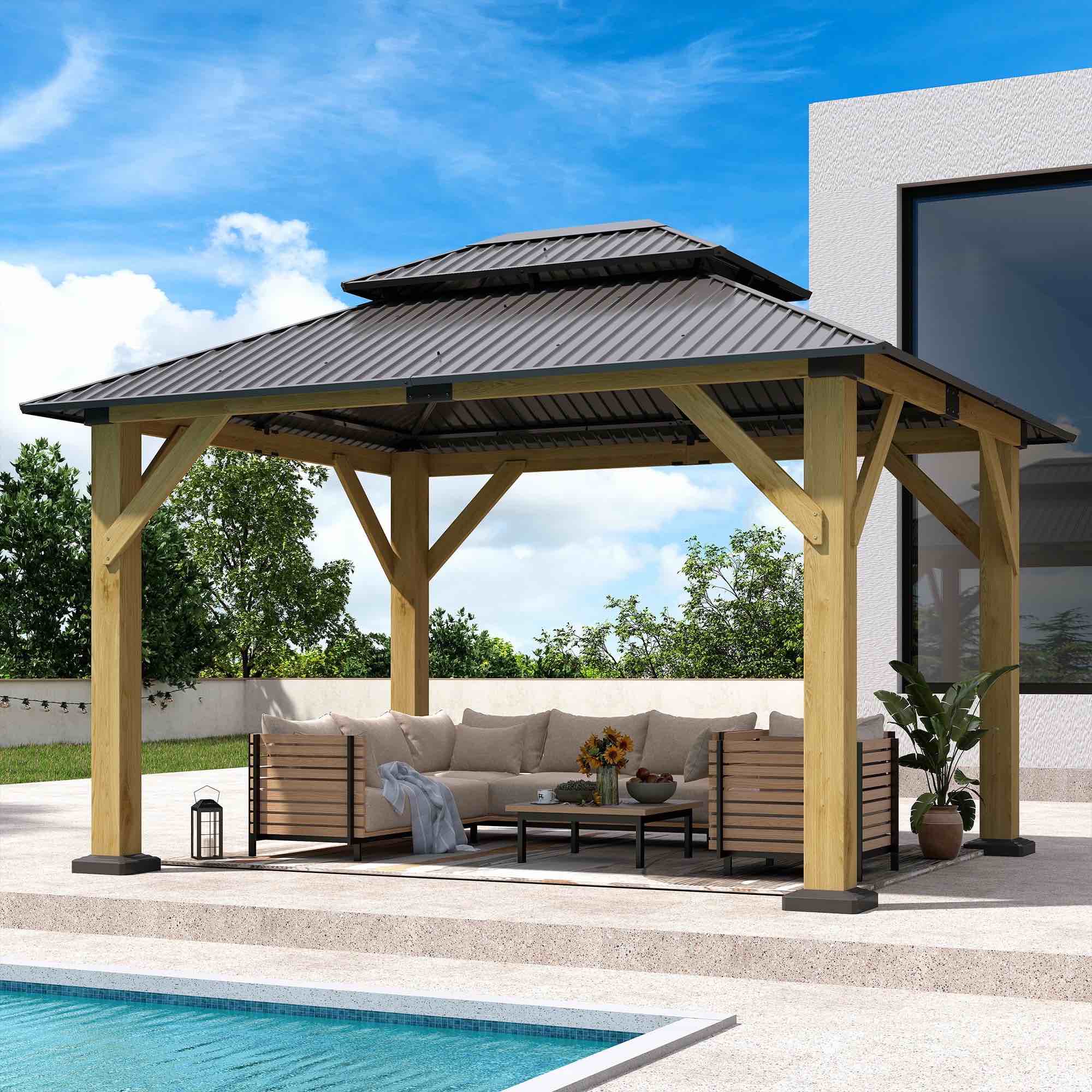 10 x 12 FT Wood Gazebo, Outdoor Wooden Hardtop Gazebo with Galvanized Steel Doule Roof, Cedar Wood Frame Gazebos for Patio Backyard Deck ( incomplete 2 box of 4.   missing box 1 of 4 and 4 of 4).  Two boxes to pick up